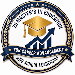 - Teaching Certification Badge reading 20 Master's in Education for Career Advancement and School Leadership, graduation cap and upward arrow icon