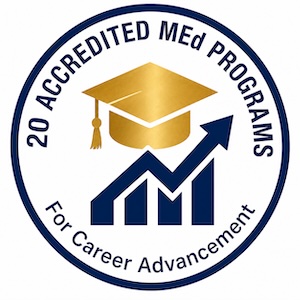 - Teaching Certification Badge reading 20 accredited MEd programs for career advancement, graduation cap and upward arrow icon