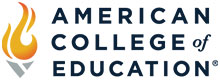 American College of Education logo featuring a stylized flame and the school name.