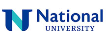 National University logo featuring a blue and teal abstract'NU' mark to the left of the blue text 'National University'.