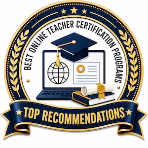 - Teaching Certification Badge reading Best Online Teacher Certification Programs, Top Recommendations, laptop with graduation cap and diploma