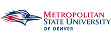 Metropolitan State University of Denver logo with a stylized blue and red hawk head and the university name.
