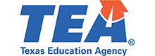 Texas Education Agency (TEA) logo with blue'TEA' letters and an orange emblem above it.