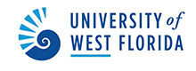 University of West Florida logo: blue spiral wave emblem beside the text'University of West Florida'.